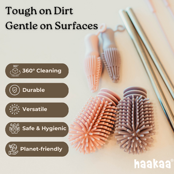 Haakaa Silicone Cleaning Brush Kit – Double-Ended Bottle Brush & Tube Brushes Set