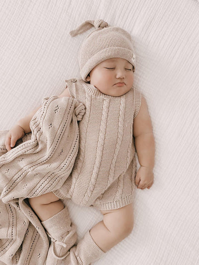 Cable Knit Summer Baby Romper - Heather Beige