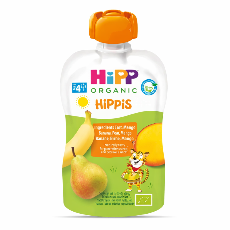 HiPP Organic Hippis Banana Pear Mango Puree 100g Baby Food Pouch – 4+ Months | Euromallusa