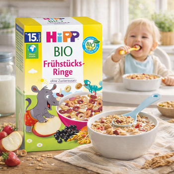Hipp organic breakfast rings packaging with a child eating cereal in the background