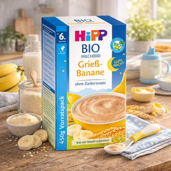 Hipp Bio milk cereal packaging with bananas and a bowl of cereal on a kitchen counter.