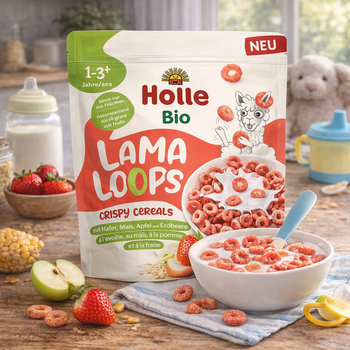Holle Bio Lama Loops crispy cereals packaging on a wooden table with a bowl of cereal and fruits.