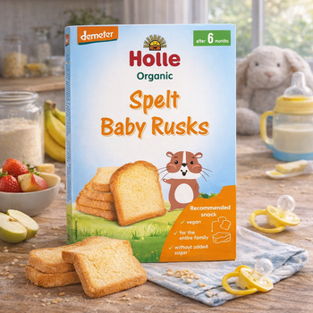 Box of Holle Organic Spelt Baby Rusks with snacks on a wooden table