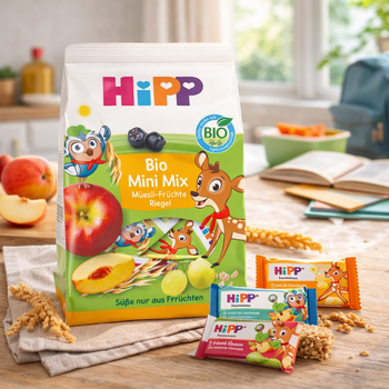 HiPP Bio Mini Mix organic muesli fruit bars (100g) lifestyle image on wooden kitchen table with fresh apple, peach, grapes, and individually wrapped bars.