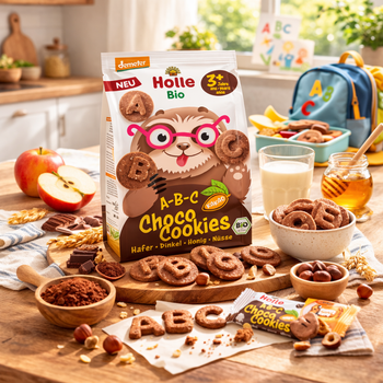 Holle Bio A-B-C Choco Cookies packaging on a table with cookies and ingredients