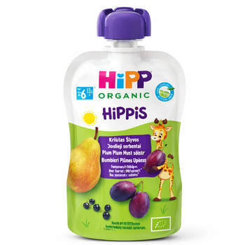 Hipp organic baby food pouch with purple lid on a white background