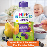 Hipp Organic HiPPiS plum and blackcurrant pear puree packaging with a baby in the background