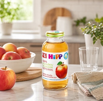 Bottle of HiPP apple juice on a kitchen counter with apples and a glass in the background