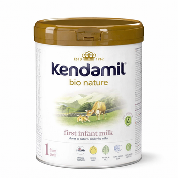 Kendamil bio nature first infant milk powder can on a white background