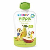 Hippis organic fruits pouch with pear and apple design on a white background