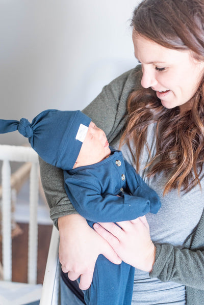 Baby Organic Knotted Gown + Top Knot Hat - Navy