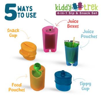 KiddyTrek 4-in-1 Sip & Snack Set – Food Pouch, Juice Box, Sippy & Snack Cup Holder