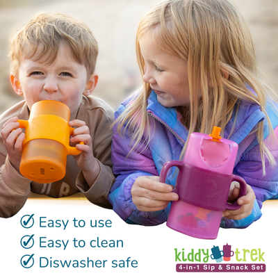 KiddyTrek 4-in-1 Sip & Snack Set – Food Pouch, Juice Box, Sippy & Snack Cup Holder