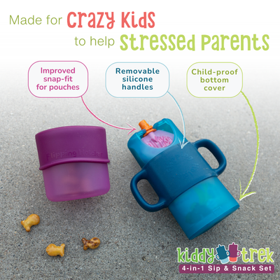 KiddyTrek 4-in-1 Sip & Snack Set – Food Pouch, Juice Box, Sippy & Snack Cup Holder