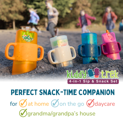 KiddyTrek 4-in-1 Sip & Snack Set – Food Pouch, Juice Box, Sippy & Snack Cup Holder