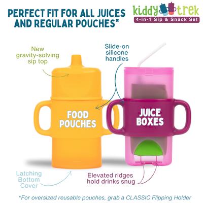 KiddyTrek 4-in-1 Sip & Snack Set – Food Pouch, Juice Box, Sippy & Snack Cup Holder