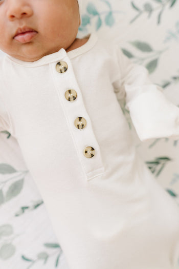 Baby Organic Knotted Gown + Top Knot Hat - Sugar (white)