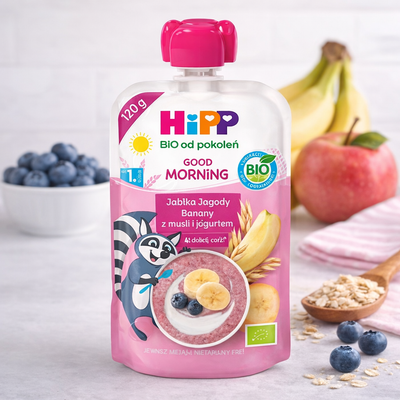 HiPP Good Morning Fruit Puree Apples Blueberries Bananas with Muesli and Yogurt 120g (PL47022)