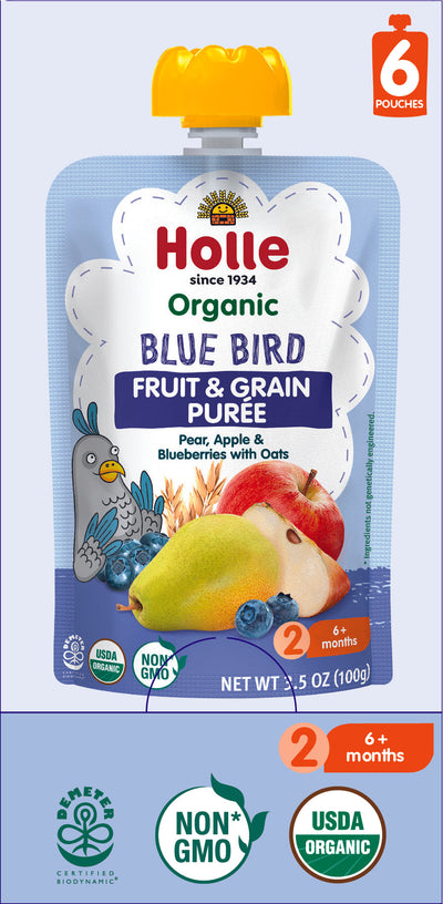 Holle Baby Food Pouches - Organic Fruit & Grain Puree - Blue Bird