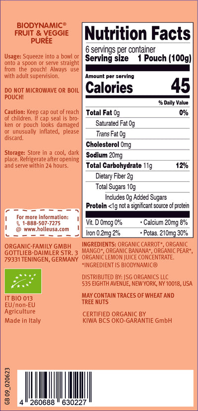 Holle Baby Food Pouches - Organic Fruit & Veggie Puree - Carrot Cat