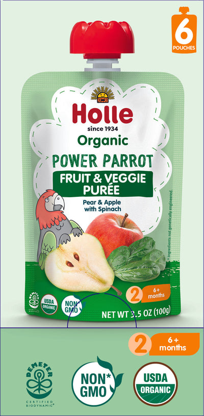 Holle Baby Food Pouches - Organic Fruit & Veggie Puree - Power Parrot