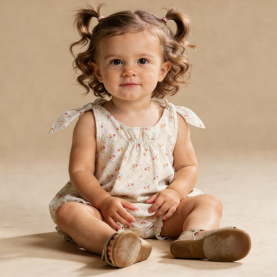 Makemake Organics Organic Tie Shoulder Bubble Romper - Spring Weave