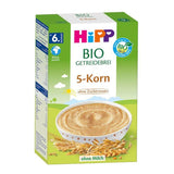 Hipp organic baby cereal box with a bowl of cereal and wheat grains on a green background