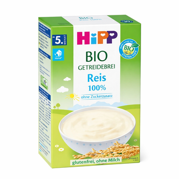 Hipp organic rice cereal packaging on a white background