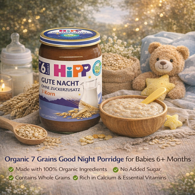 Hipp organic baby porridge jar with a bowl of porridge, spoon, and teddy bear on a soft background.