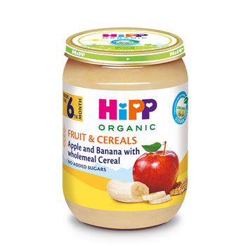 Hipp organic baby food jar with apple and banana on a white background
