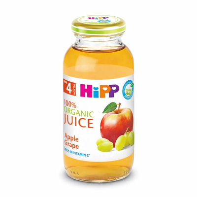 Bottle of Hipp 100% Organic Apple Grape Juice on a white background