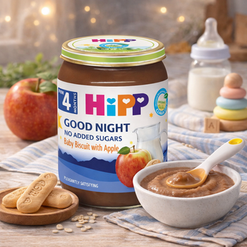 Hipp Good Night baby biscuit with apple spread jar on a table with a bowl of spread, cookies, and an apple.