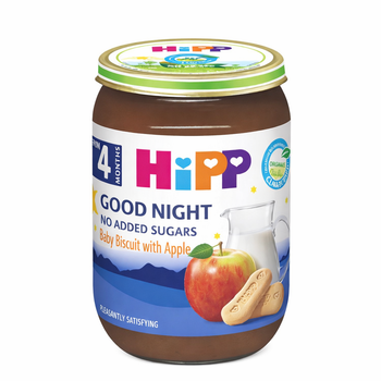 Hipp baby food jar with an apple and cookie illustration on a white background
