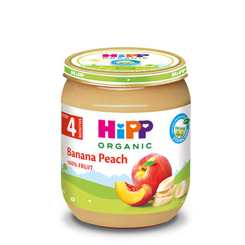 Hipp Organic Banana Peach baby food jar on a white background