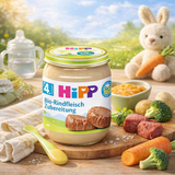 Hipp baby food jar on a wooden table with vegetables and a toy rabbit in a natural setting