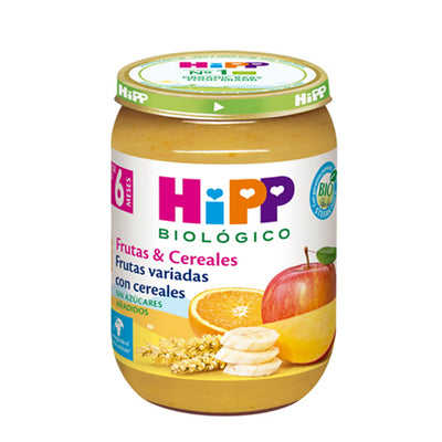 Jar of Hipp baby food with fruits and cereals on a white background