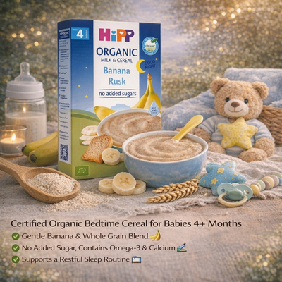 HiPP Organic Banana Rusk cereal packaging with baby items on a soft background