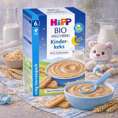 Hipp organic baby cereal packaging with a bowl of cereal, cookies, and a teddy bear on a wooden surface.