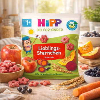 Hipp organic children's food package with fruits and vegetables on a wooden table