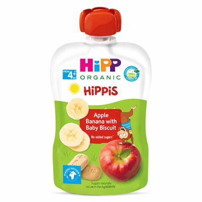 Hipp Organic HiPPiS baby food pouch with apple, banana, and baby biscuit on a white background