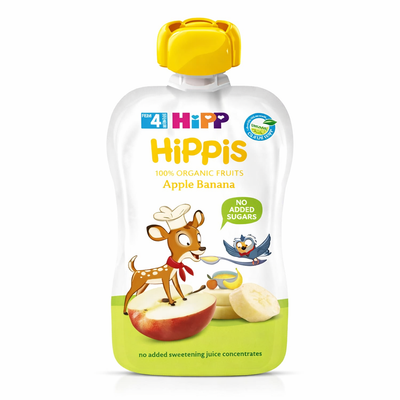 Hippis apple banana fruit pouch on a white background