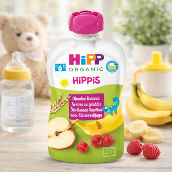 Hipp Organic HiPPiS baby food pouch with fruit illustrations on a wooden surface.