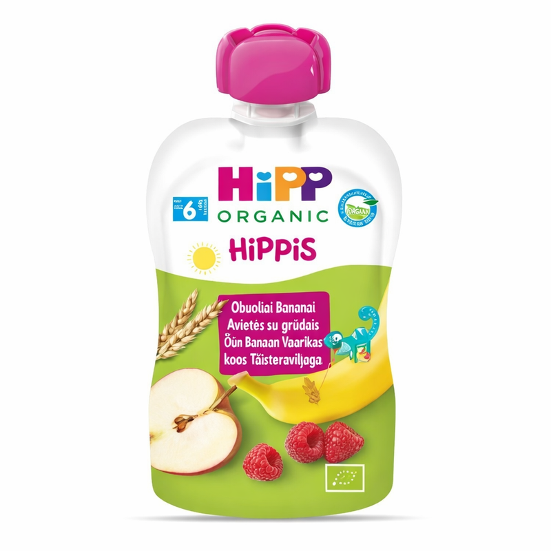 Hipp Organic HiPPis baby food pouch on a white background