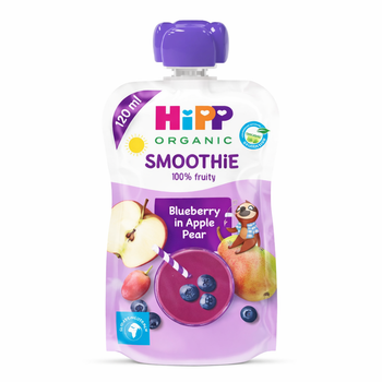 Hipp Organic Smoothie pouch with blueberry, apple, and pear on a white background