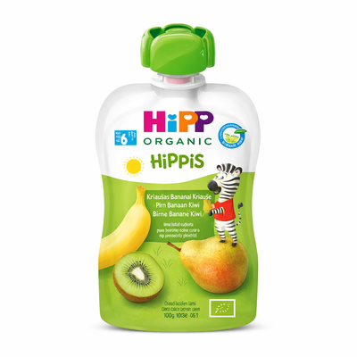 Hipp Organic Hippis baby food pouch with banana, kiwi, and pear on a white background