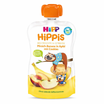 Hippis baby food pouch with fruit and cookie illustration on a white background