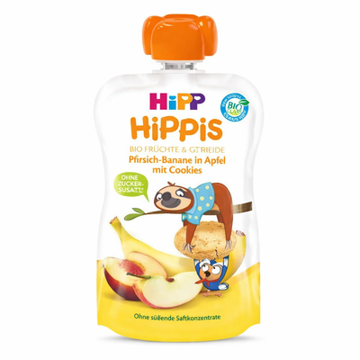 Hippis baby food pouch with fruit and cookie illustration on a white background
