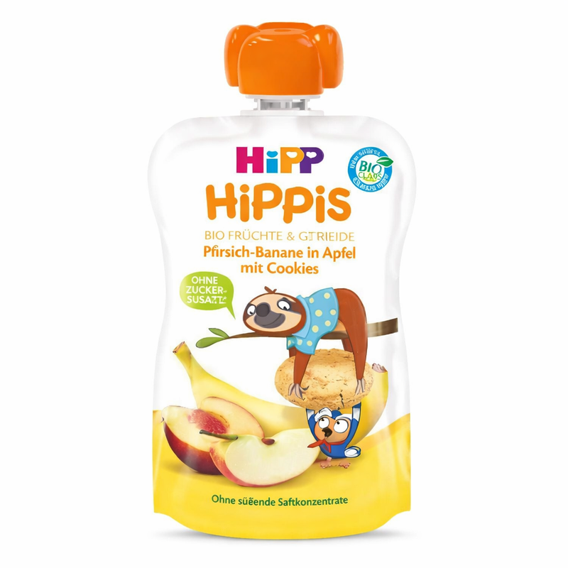 Hippis baby food pouch with fruit and cookie illustration on a white background