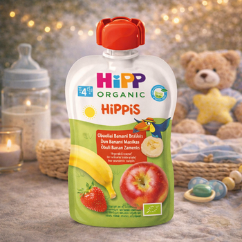 Hipp Organic Hippis baby food pouch with a teddy bear and baby items in the background