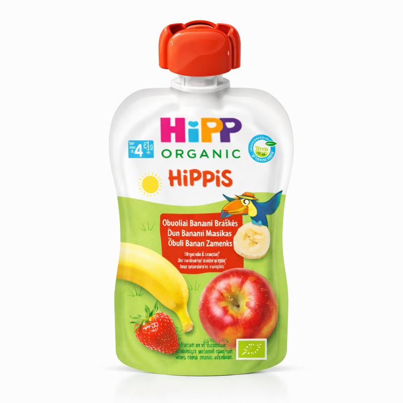 Hipp organic baby food pouch with fruits on a white background